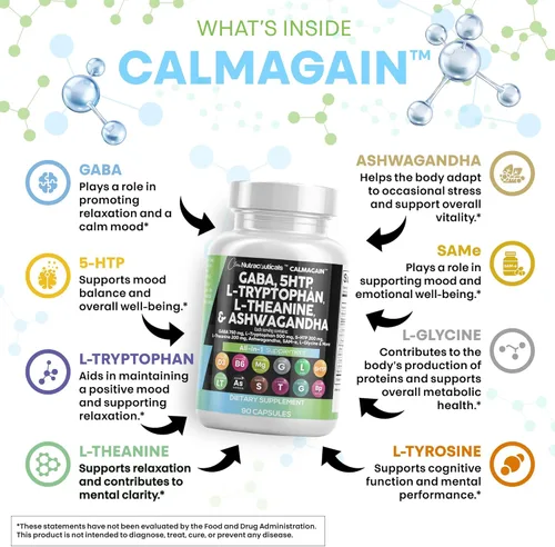 Vista 3 de Clean Nutraceuticals GABA 750mg 5 HTP 200mg L Triptófano 500mg L Teanina 200mg Ashwagandha SAM-e L-Glicina - Vitaminas de apoyo al estado de ánimo