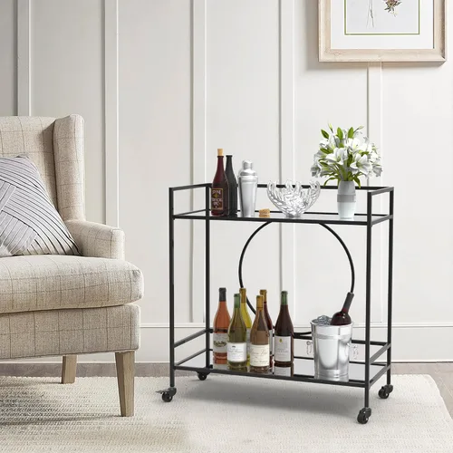 RiteSune Carrito de bar negro con ruedas, carrito de servir vintage con 2 estantes de espejo, carrito de alcohol para bar en casa