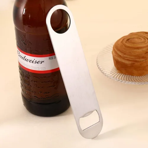 Vista 6 de Abrebotellas plano de acero inoxidable resistente, abridor de botellas plano de acero inoxidable, paquete de 3 abridores de botellas de cerveza