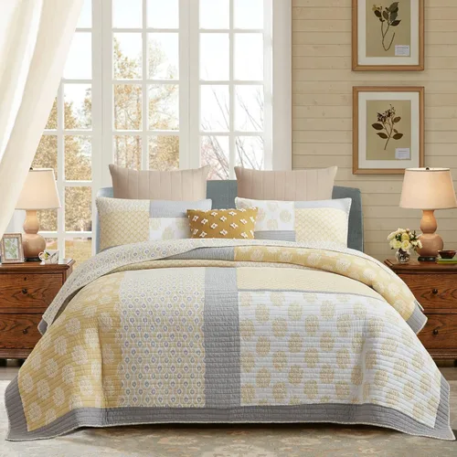 PANGUSHAN Juego de edredón tamaño individual, juego de edredón de retazos 100% algodón, juego de ropa de cama floral amarillo para cama individual,