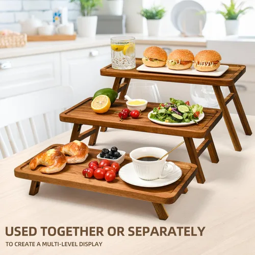 Vista 7 de GEHE Soporte para servir de 3 niveles, mesa de postre de madera de acacia, soporte para cupcakes, bandejas y platos plegables rústicos de 3 niveles
