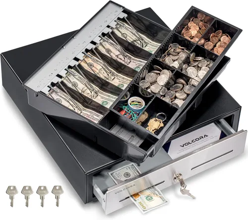 Vista 10 de Volcora Cajón de caja registradora de 13 pulgadas para sistema de punto de venta (POS) - Negro con parte delantera de acero inoxidable - Bandeja