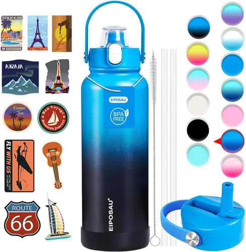 Vista 34 de Botella de agua aislada con tapa, bota y calcomanías, botella de acero inoxidable de 24 onzas, sin sudor, mantiene el frío las 24 horas, botella