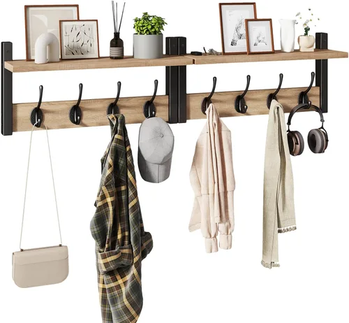 Vista 10 de YMYNY Perchero con Estante de Pared, Juego de Ganchos para Abrigos de 2, Perchero de Entrada con 8 Ganchos, Estante Flotante de Pared de 31.5