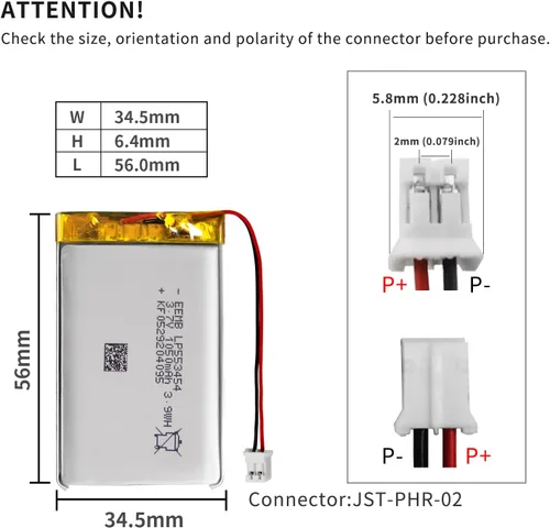 Vista 3 de EEMB Batería de polímero de litio 3.7V 1050mAh 553454 Lipo Batería recargable con conector JST de cable para altavoz y dispositivo inalámbrico