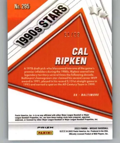 Vista 2 de 2022 Panini Mosaic Mosaic Blue #295 Cal Ripken 61/99 Baltimore Orioles Baseball Trading Card