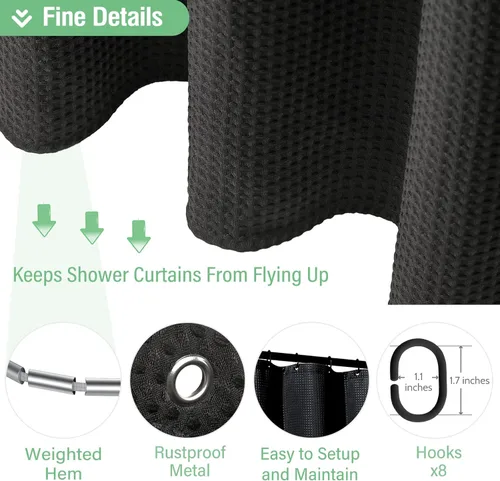 Vista 613 de Cortina de ducha de tela Dynamene verde oscuro - Cortinas de baño de tela de nido de abeja texturizadas resistentes, juego de cortinas de baño