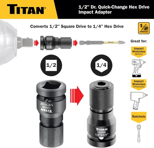 Vista 2 de Titan 12039 Adaptador de cambio rápido de 1/2" de accionamiento a 1/4" hexagonal