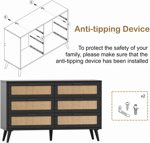 Vista 2 de Rovaurx Cómoda doble de 6 cajones para dormitorio, cómoda de ratán, cómoda de madera moderna con asas doradas, mesa auxiliar para armario, sala