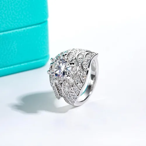 Vista 6 de Moissanite Angel Wing Rings Eternity Ring Engagement Ring D Color VVS1 Sterling Silver Wedding Band Rings Feather Ring for Women with Certificate
