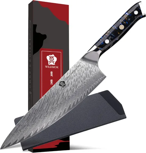Vista 7 de WILDMOK Cuchillo de chef de Damasco, cuchillos de chef japoneses de 8 pulgadas, cuchillo de cocina con mango de resina, cuchillos afilados