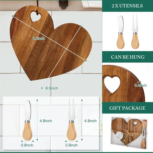 Vista 2 de Patelai 1 Juego de Tabla de Queso en Forma de Corazón para Despedida de Soltera y Baby Shower con Cuchillo, Tabla Mini de Madera para Charcutería