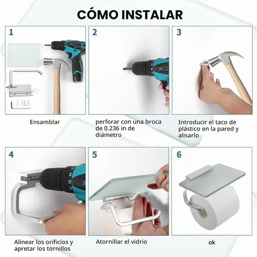 Vista 4 de Portarrollos de papel higiénico con estante de vidrio templado, soporte Blanco