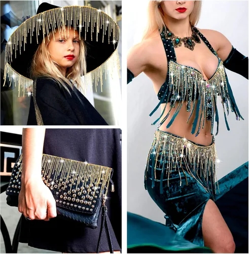 Vista 6 de Cinturón con flecos de diamantes de imitación con cuentas y cadena de borlas de diamantes para jeans, accesorios de ropa, decoración de bricolaje