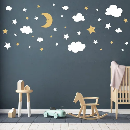 Vista 7 de Calcomanías de pared de luna creciente, estrellas y nubes, calcomanías de pared de luna y estrellas, cielo estrellado, decoración de sala