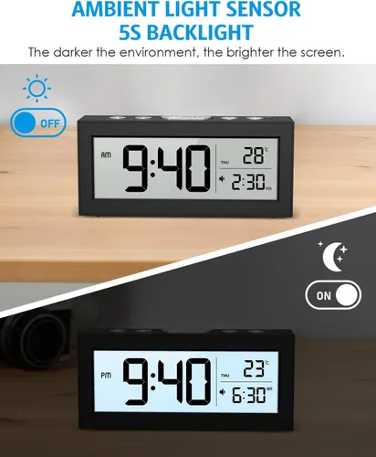 Vista 3 de AMIR Reloj despertador alimentado por pilas, reloj despertador de viaje con pantalla LCD grande que muestra la hora/fecha/temperatura, reloj digital