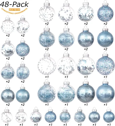 Vista 2 de Sea Team Paquete de 48 bolas de Navidad de plástico transparente inastillables, varios tamaños, adornos decorativos de Navidad con relleno delicado