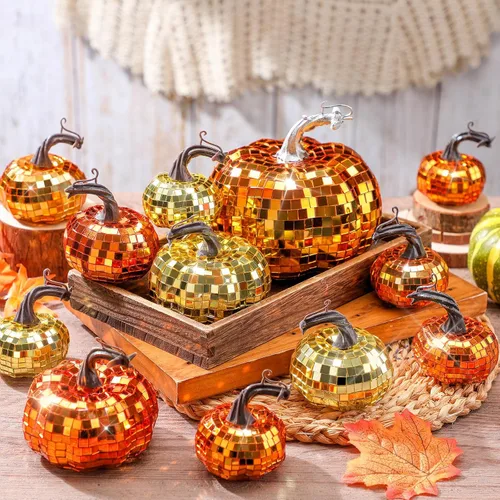 Lenwen 12 piezas de decoración de calabazas de bola de discoteca, naranja