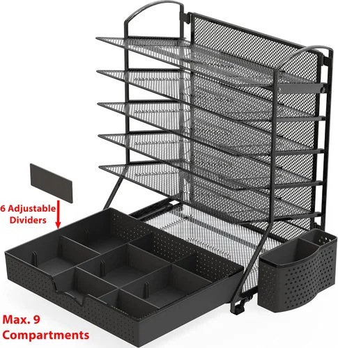 Vista 3 de SimpleHouseware - Organizador de 6 bandejas para documentos con cajón deslizante de suministros, color negro