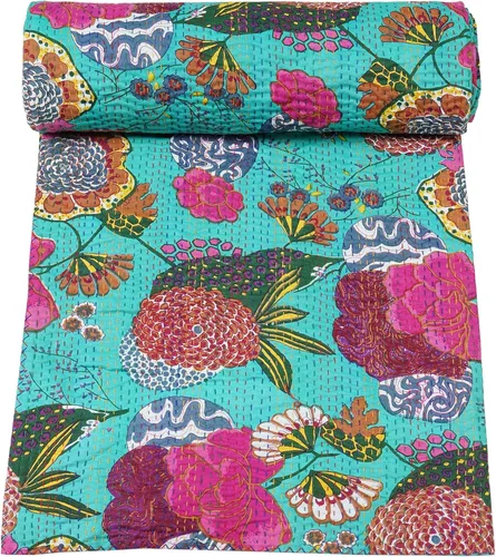 Vista 21 de Marubhumi Colchas indias hechas a mano, edredones de algodón puro reversible, edredón vintage Kantha, edredón, estampado de frutas, rosa bebé