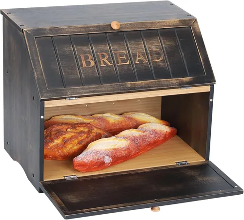Vista 9 de HOMEKOKO Caja de pan vintage de doble capa grande para encimera de cocina, diseño retro, contenedor de almacenamiento de pan de madera de gran Blanco