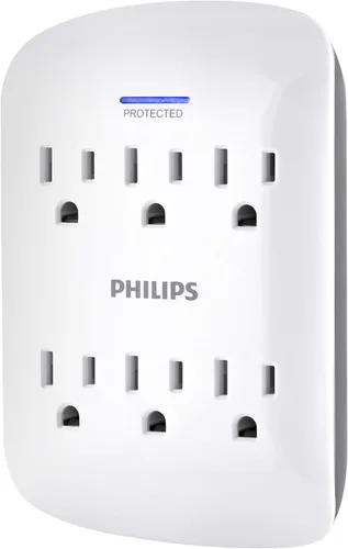 Vista 3 de Philips Protector contra sobretensiones extensor de 6 enchufes, adaptador de pared, 900 julios, 3 clavijas, diseño que ahorra espacio, luz LED