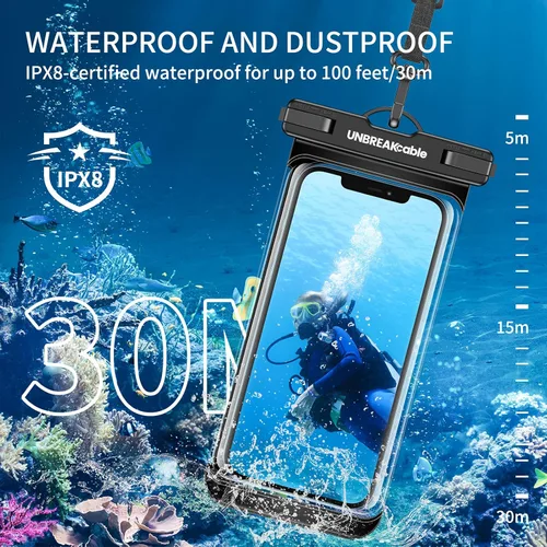 Vista 2 de UNBREAKcable Funda impermeable para teléfono, paquete de 2 fundas impermeables IPX8 para iPhone 16 15 14 13 12 11 Pro Max y Samsung S25 S24 S23