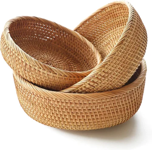 Vista 7 de HITOMEN Cestas de pan de ratán hechas a mano redondas de mimbre para servir frutas, cuencos de almacenamiento de frutas de tejido natural