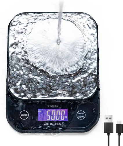 Vista 9 de BOMATA Balanza de cocina impermeable IPX6, precisión alta de 0.1 g/0.01 oz, 5 kg/11 lbs, balanza digital con luz de fondo, plataforma de pesaje