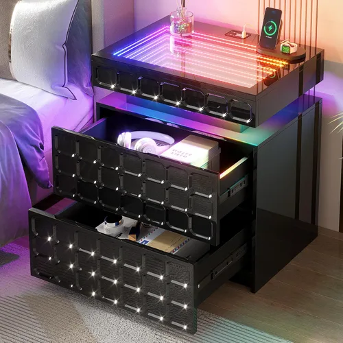 Vlsrka Mesita de noche con luces RGB, soporte de noche inteligente con Negro