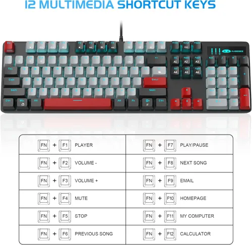 Vista 8 de MageGee - Teclado mecánico para juegos, nuevo teclado retroiluminado de 104 teclas con interruptores azules, teclado mecánico USB con cable