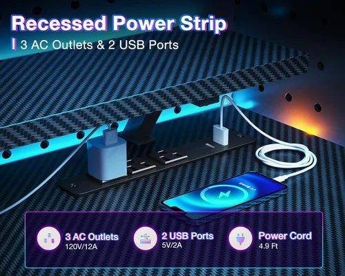 Vista 4 de ODK Escritorio reversible para juegos con tomas de corriente y luces LED, escritorio para computadora de 48 pulgadas con estantes de almacenamiento