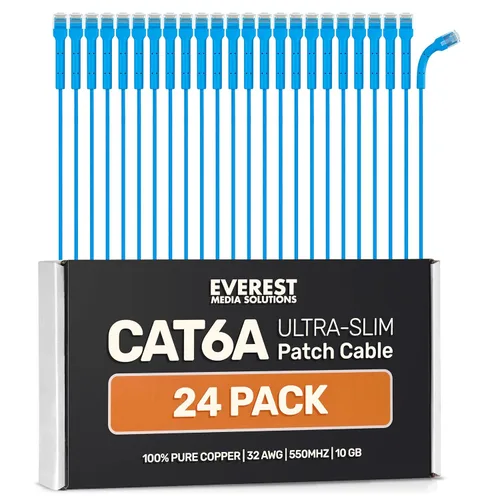 Vista 19 de Everest Cables de parcheo Ethernet Cat6a ultra delgados 1 pie (paquete de 10) Amarillo - Cable de parcheo Cat 6a de 10GB - Cable Ethernet flexible