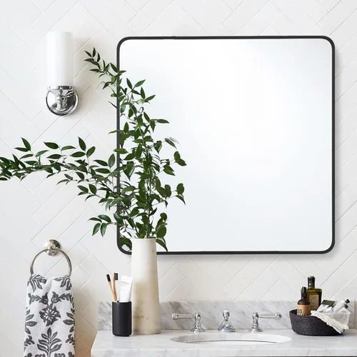Espejo rectangular de baño de 30 x 30 pulgadas con marco de metal negro, espejo rectangular de esquina redondeada para pared, moderno y grande para