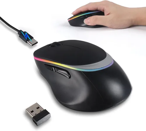 Vista 10 de Ratón inalámbrico Bluetooth, Bluetooth 5.0 y receptor USB 2.4G, recargable, compacto y portátil, clic silencioso, diseño ergonómico, DPI ajustable