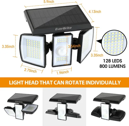 Vista 2 de EverBrite Solar Lights Outdoor, 128 LED 7000K Motion Sensor Outdoor Lights, 3 Heads Security LED Floodlights, IP65 Waterproof, 270° Wide Angle
