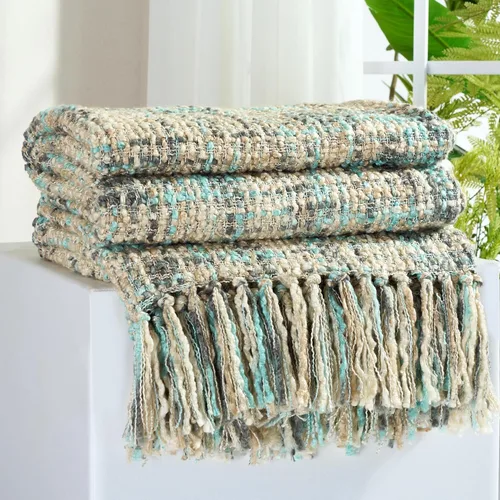 Manta de punto trenzado multicolor azul y gris para sofá, 50 x 60 pulgadas, estilo bohemio, manta texturizada para decoración del hogar, manta de