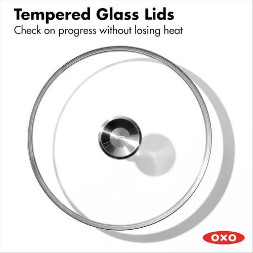 Vista 7 de OXO Mira - Juego de sartenes de chef de acero inoxidable de tres capas, 1.5 cuartos de galón y 3.57 cuartos de galón con tapas, sin PFAS
