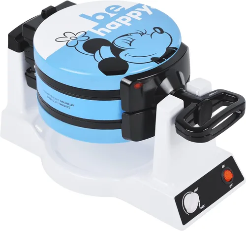 Vista 2 de Disney Mickey & Minnie - Máquina de gofres de doble volteo de Select Brands – Plancha de gofres antiadherente giratoria – Control de dorado