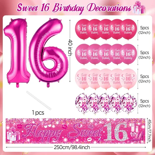 Vista 5 de Sweet 16 Pink Birthday Decorations - 20 Pcs Balloons, 40 Inch Number 16, Happy Sweet 16 Banner