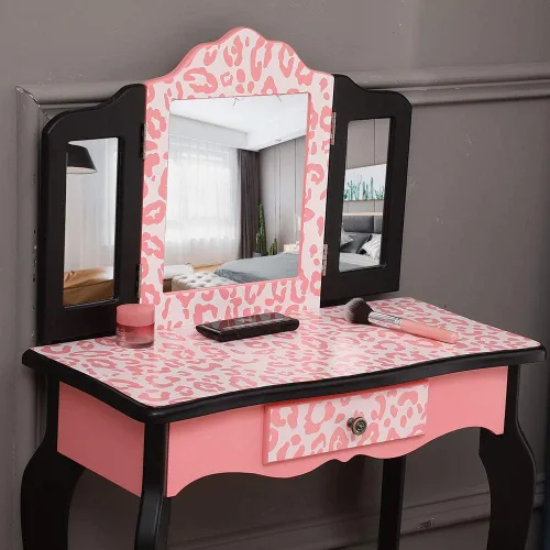 Vista 9 de Juego de tocador y taburete para niños con espejo, tocador de maquillaje de princesa 2 en 1 con cajón y parte superior desmontable, tocador