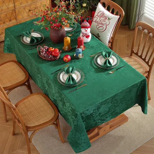 Vista 3 de SASTYBALE Mantel rectangular de Navidad, mantel jacquard verde de 60 x 102 pulgadas con patrón floral de flor de pascua, mantel de tela de damasco