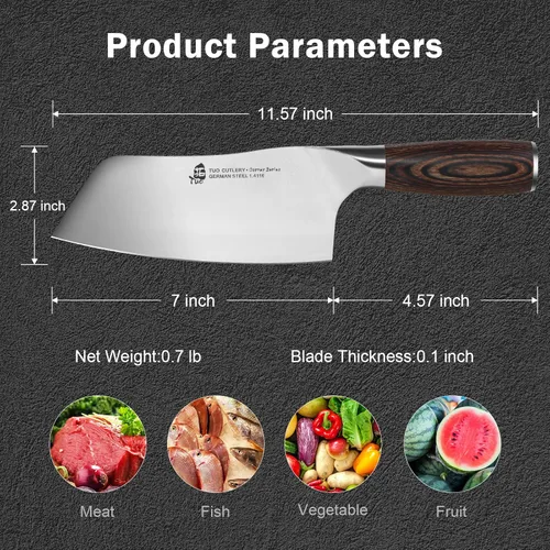 Vista 3 de TUO Cuchillo de chef chino profesional de 7 pulgadas, acero inoxidable alemán de alto carbono con mango ergonómico de madera de Pakkawood - Cuchillo