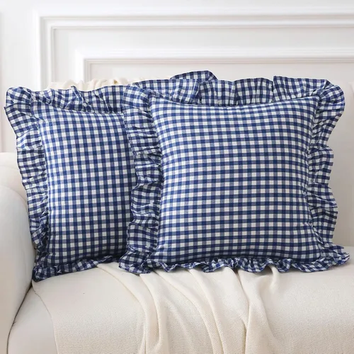 Vista 9 de Paquete de 2 fundas de almohada europeas a cuadros azul polvoriento, blanco, a cuadros, 100% algodón lavado, a cuadros, estilo francés, rústico