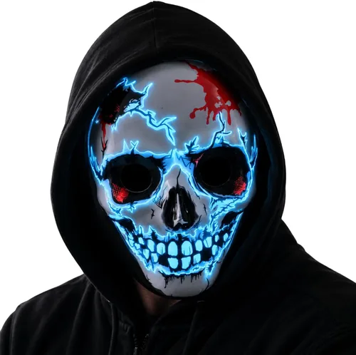 Crethinkaty Máscara LED de terror de Halloween, máscara de calavera agrietada aterradora, máscara LED de alambre EL, adecuada para adultos, niños,