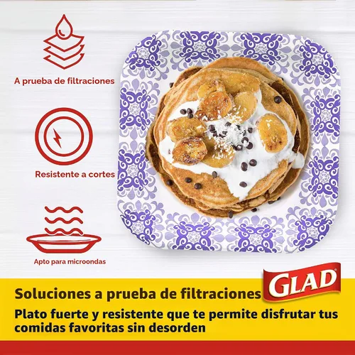 Vista 4 de Glad Platos cuadrados de papel resistentes, a prueba de remojo y resistentes a los cortes, patrón victoriano azul, vajilla desechable