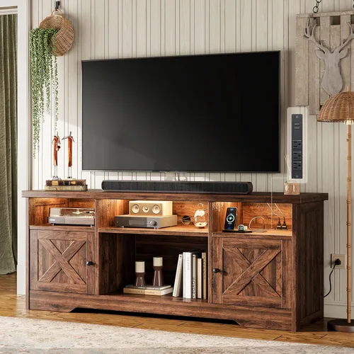Vista 10 de Casaottima Soporte de TV para televisor de 65 pulgadas, centro de entretenimiento de estilo granja con toma de corriente y luz LED y gabinetes