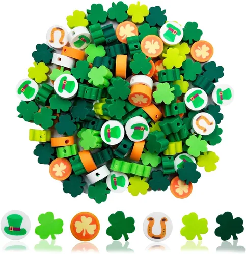 Vista 16 de 100 piezas de cuentas de shamrock de San Patricio hechas a mano de arcilla polimérica, cuentas espaciadoras de arcilla polimérica con estampados