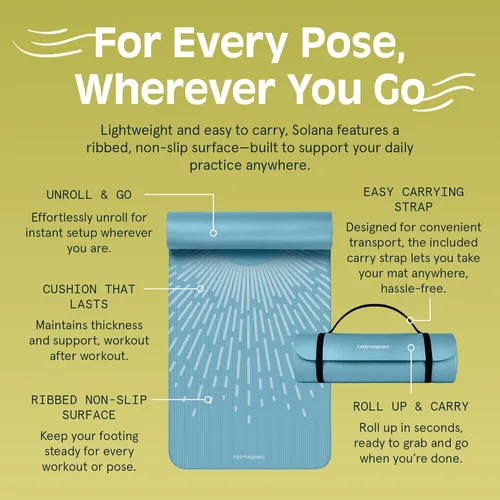 Vista 5 de Retrospec Solana - Esterilla de yoga de 1/2 pulgada de grosor con correa de nailon para hombres y mujeres, tapete de ejercicio antideslizante