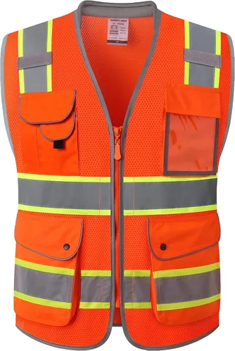 Vista 43 de JKSafety Chaleco de seguridad frontal con 9 bolsillos de alta visibilidad de doble color con cierre de cremallera MESH Lite Tira reflectante